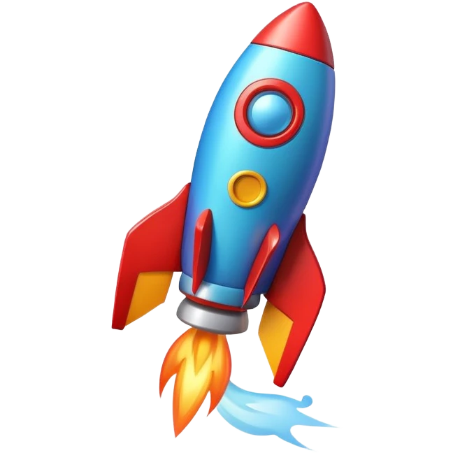 A colorful toy rocket with a cute happy face on its body emoji