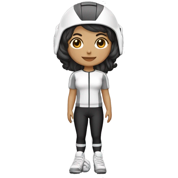 Profesora de cilcismo de piel morena clara de contextura delgada estatura alta con zapatillas de ruta blancas licras negras y maillot blanco casco blanco emoji