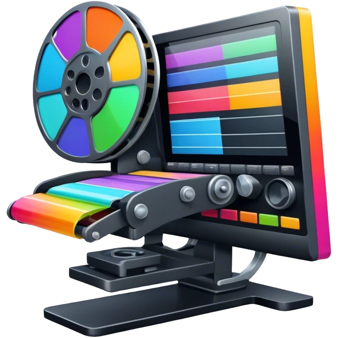 Create a vibrant and modern icon representing Animation and Motion Design, featuring elements like a film reel, a computer screen, dynamic motion lines, and a cinematographic film strip on an editing table. The design should be colorful, and dynamic, without any emojis. The background's transparent. emoji