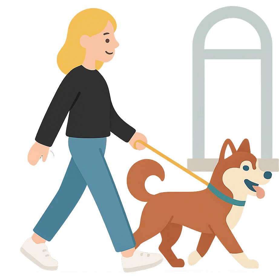 Cute Blonde woman wearing a black sweater and jeans and white sneakers walking a happy red-brown blue-eyed Siberian husky in New York City on an upper east side city sidewalk  emoji