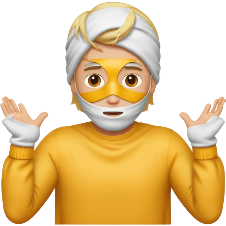 Blonde man with his face covered with the two arms going through down left to up right and with the two hands on the upper right edge of the emoji emoji