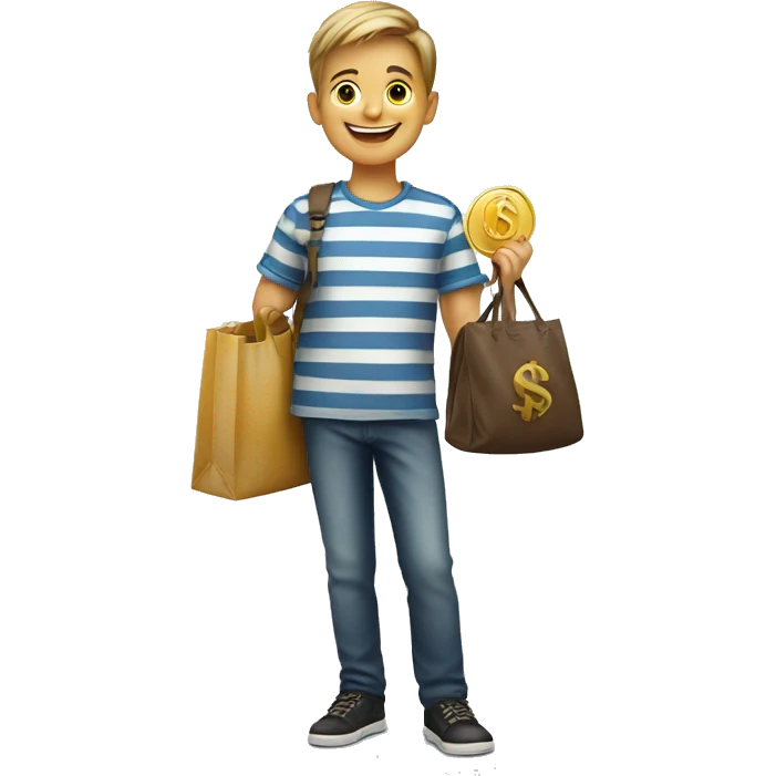 smiling boy in striped shirt holding a bag with a money symbol emoji