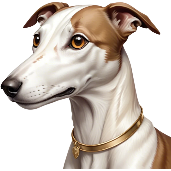 Cinematic Noble White and Brown Greyhound Portrait Emoji, Poised and regal, with a slender, aerodynamic build and a sleek Fur of pristine white accented by warm brown markings, deep-set soulful eyes, Simplified yet sharp and sophisticated features, highly detailed, glowing with a soft, dignified glow, high shine, intelligent and agile, stylized with an air of elegance, focused and attentive, soft glowing outline, capturing the essence of a watchful and swift companion, so majestic it feels as though it could dash out of the screen with effortless authority! emoji