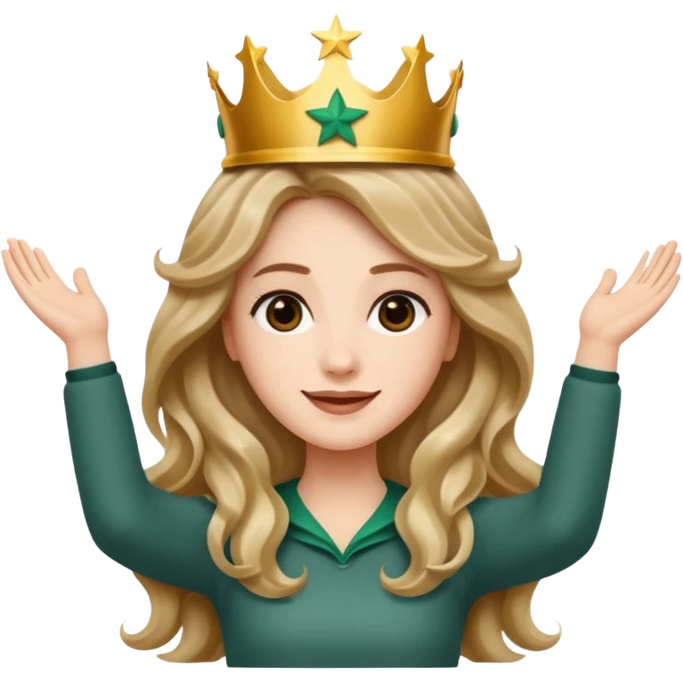 Apple style 3D emoji of a young woman inspired by the Starbucks logo. She has long wavy hair on both sides, a crown with a star on her head, arms raised upward like in the Starbucks logo, with a calm smile. Smooth, shiny, simple emoji look. emoji