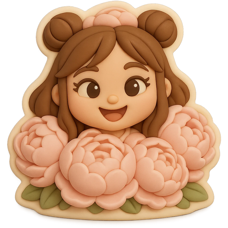 3D chibi fondant cake art style, high-quality rendering with smooth shadows and soft gradients. Girl based on reference image with preserved facial features and eye shape exactly as in the reference. Long brown hair in two space buns, brown eyes, thick white outline like a sticker, transparent background. Her happy face peeks out from a dense dome of giant soft pink peonies, petals almost touching her cheeks and forehead. emoji