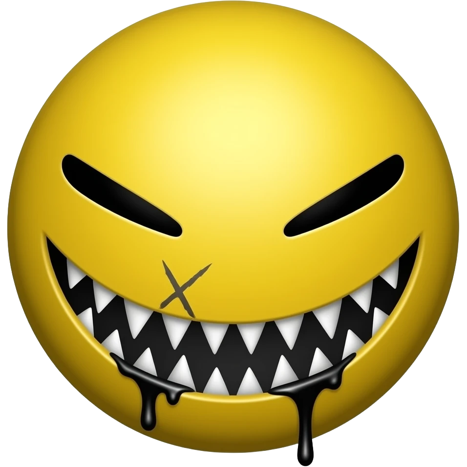 A noramal yellow emoji with black beam eyes with a mouth that is sharp not looks like a vampire but looks like hugg wiggly teath or megaladon and black blood around the mouth and circle head with a scar on his mouth emoji
