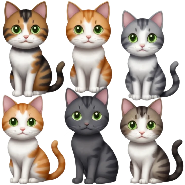 6 different coloured small cats including a dark grey and white, and a patchy calico, and a brown tabby and white,  and a completely solid dark grey with green eyes and only white paws emoji