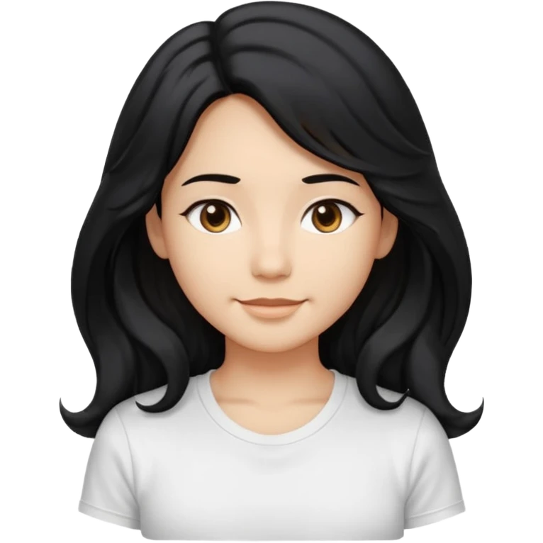 front-facing, chest-up portrait, symmetrical pose
long wavy black hair, glossy strands, slightly rounded volume, soft gentle smile, relaxed eyes, cute proportions
white T-shirt, minimal, pure white background, bright soft lighting, smooth plastic-like material, clean rende emoji