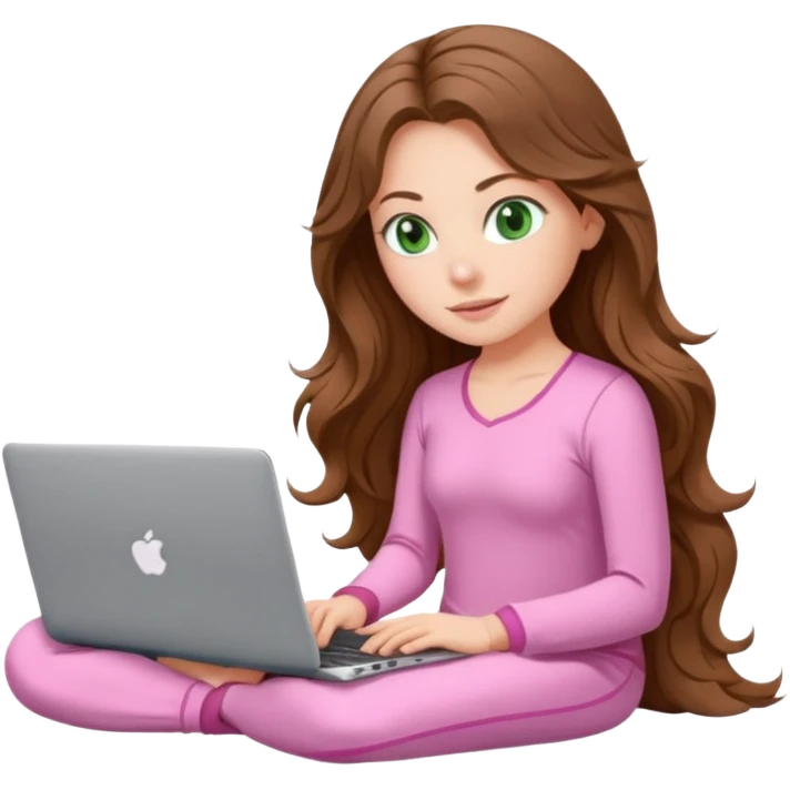 make a picture in ios 18 style of a white girl with brown long wavy hair and green eyes wearing pink pilates core pajamas and working on a laptop emoji