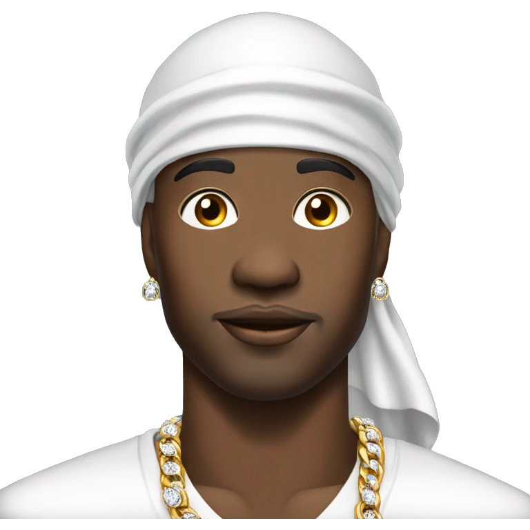 a black rich man wearing a white durag, white shirt, diamond earrings and diamond chain emoji