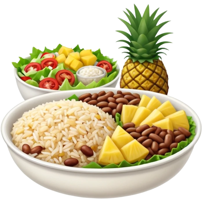 Lunch rice beans salad, meat and pineapple emoji