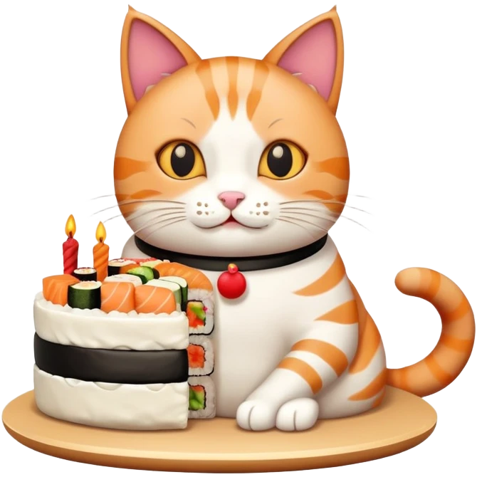 cat eating a birthday cake made out of sushi emoji