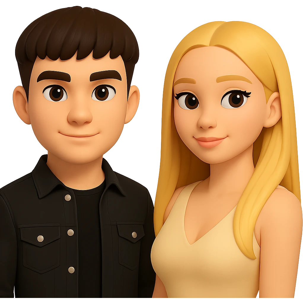 Slightly increase the volume of the upper body of the girl, separate the girl and the boy from each other, make the skin color the same for both characters. Maintain the cartoonish 3D style. Keep the background transparent. emoji