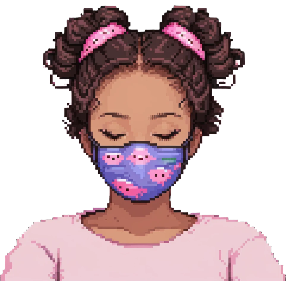 Pixel art girl sleeping with pink beauty face mask, hair in messy bun, self care emoji