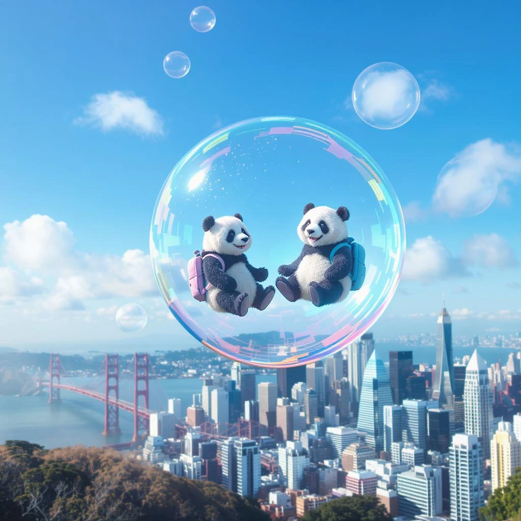 pandas bears sitting inside bubbles flying around San Francisco downtown, sunny summer day, happy vibe emoji