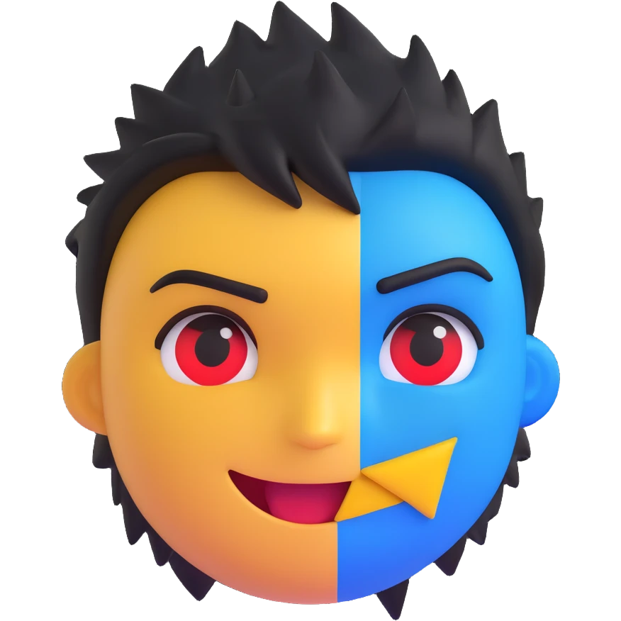emoji face split diagonally left side shadowed black, right side glowing golden, left eye red intense, right eye blue calm, confident tilted smirk, short spiky hair half black half golden, no background, expression of silent power emoji