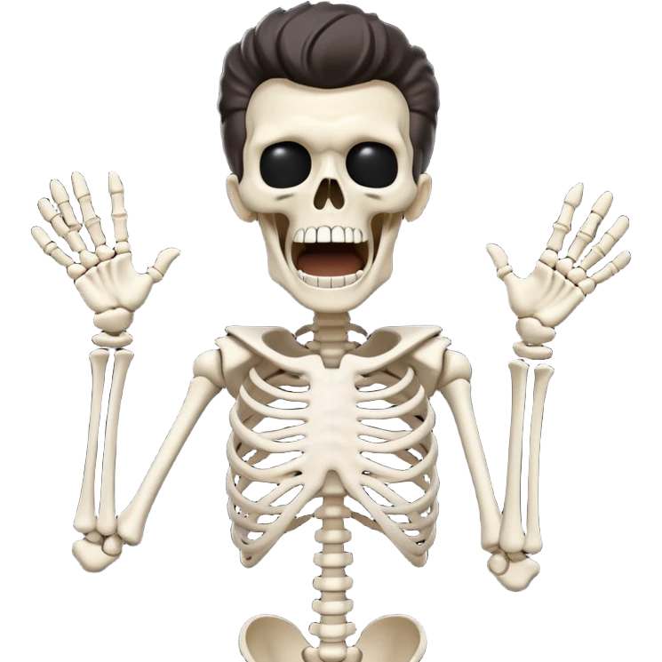 White Skeleton Rick Astley screaming, but he’s losing some of the parts of his face, he still has his clothes on, but is also missing scraps of that too, and the background is pitch black emoji