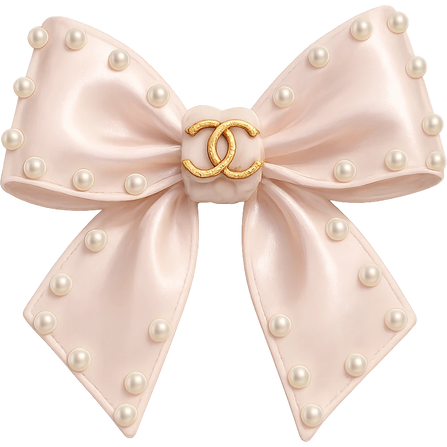 Remove the background, keep only the elegant bow with pearls and gold Chanel logo, glossy, pastel colors, realistic style, with no background. emoji