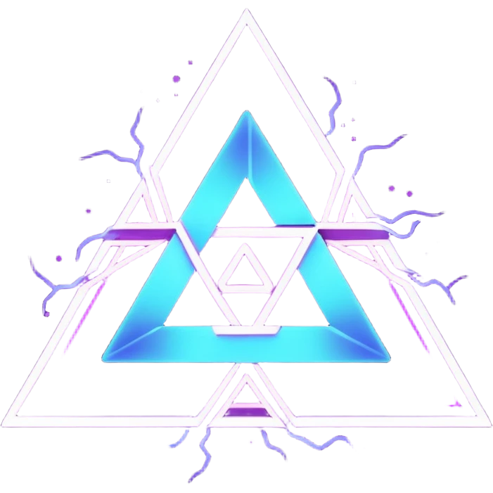 futuristic minimalistic logo icon, glowing triangle formed by three merging neon energy streams representing Storm, Atom, and NoizeGames, neon purple (#8B5CF6) and cyan (#00E0FF), dark background, unity and harmony design, no face, 1:1 aspect ratio emoji