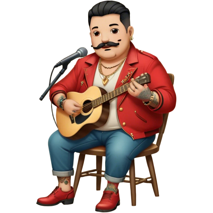 Icon for Chanson: Old fat chanson singer with tattoos and short moustache, red jacket, gold chains and braslettes, sitting on a chair with an acoustic guitar and standing microphone. No earrings. The atmosphere should reflect a nostalgic, soulful vibe with vintage elements. Transparent background. emoji