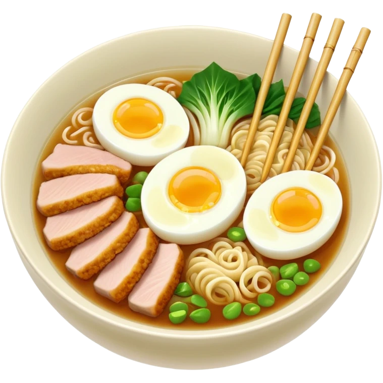 Delicious bowl of ramen noodles with miso soup broth base, bamboo, bok choy, eggs, pork, fish cakes, and green onions emoji