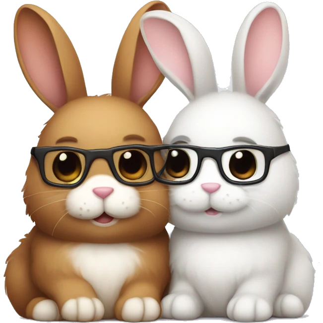 two bunnies. one white fluffy bunny with glasses cuddling brown fluffy bunny WITHOUT glasses emoji