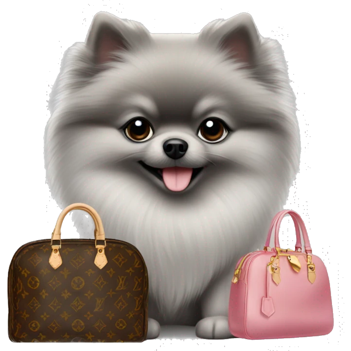 Little grey Pomeranian and a Louis Vuitton bag emoji