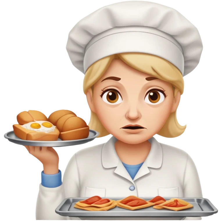 lunch lady with a tray of unappetizing food, exaggerated disgusted face emoji
