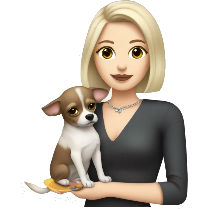 White girl with blonde and brown bob holding Grey and dark grey long haired chihuahua drinking a martini emoji