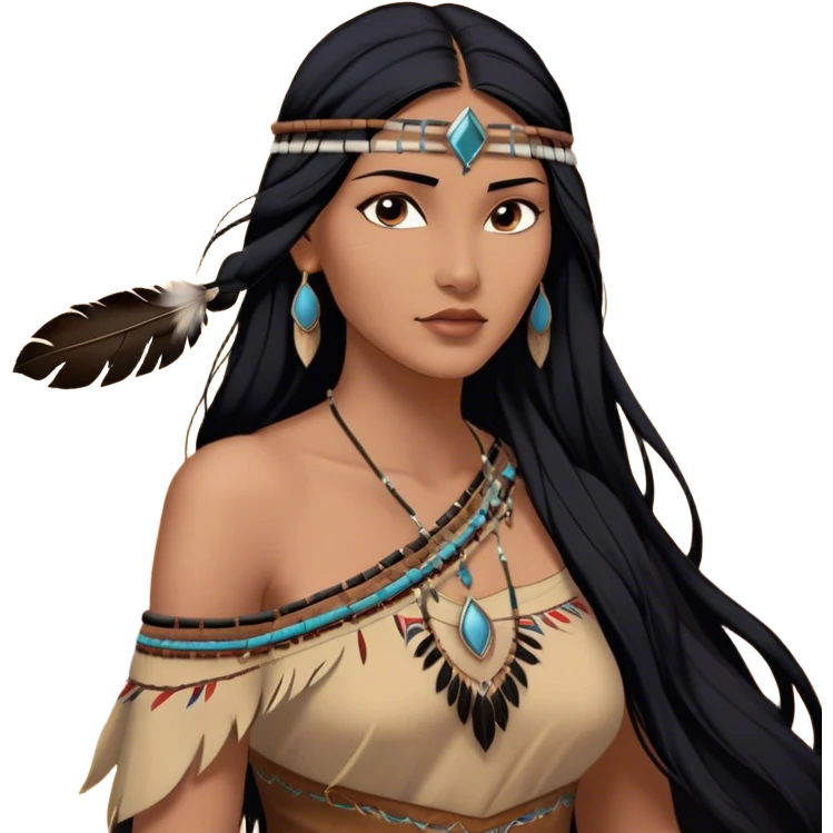 Cinematic Realistic Pocahontas Portrait, depicted with lifelike skin texture, soft natural lighting, and intricately detailed long, flowing raven-black hair that moves gracefully in the wind. Her deep, soulful dark brown eyes exude wisdom and strength, complemented by a serene yet powerful expression. She is dressed in her classic one-shoulder native american dress, with rich fabric textures and delicate beaded details that catch the light beautifully. The portrait features a soft, sun-kissed glow with a natural, radiant finish, capturing the essence of untamed beauty and deep connection to nature in a realistic and painterly style, evoking a sense of depth and authenticity. emoji