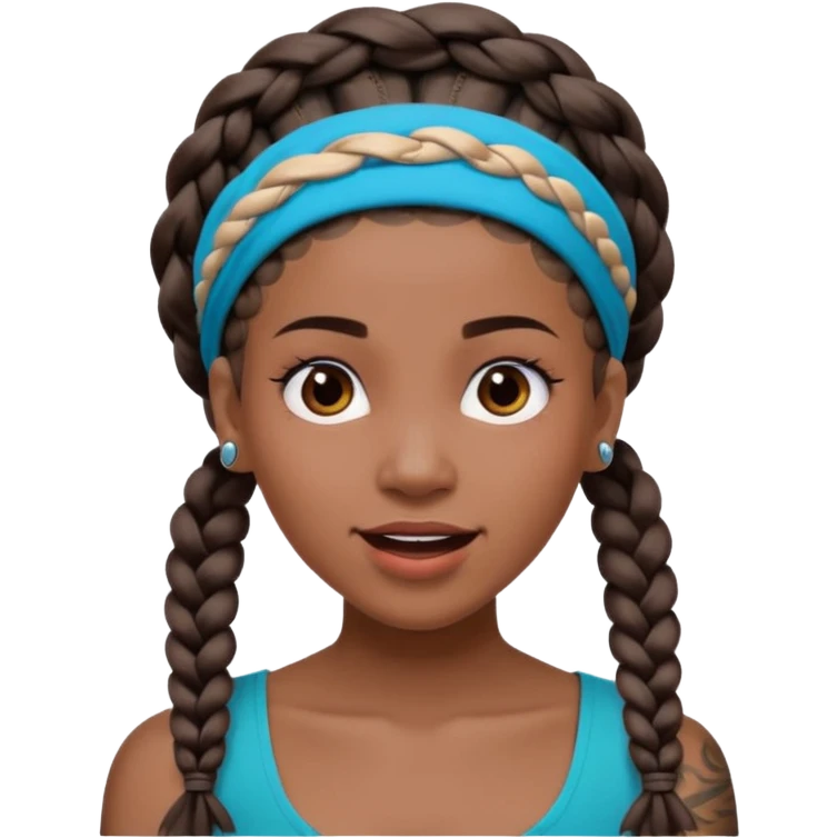 big lose braids starting from the top of the head woman face wiith big visible braids and mono color headband on head excited face and braids as big as headband and lots and lots of face tattoos emoji
