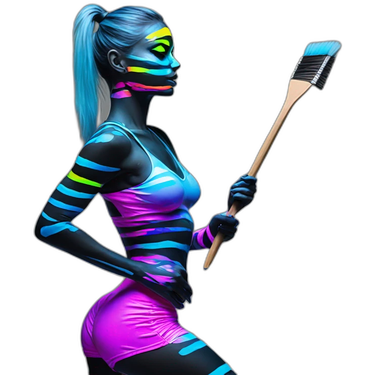 Sexy Neon sign shows fitness model in striped body paint from behind picking up paintbrush emoji