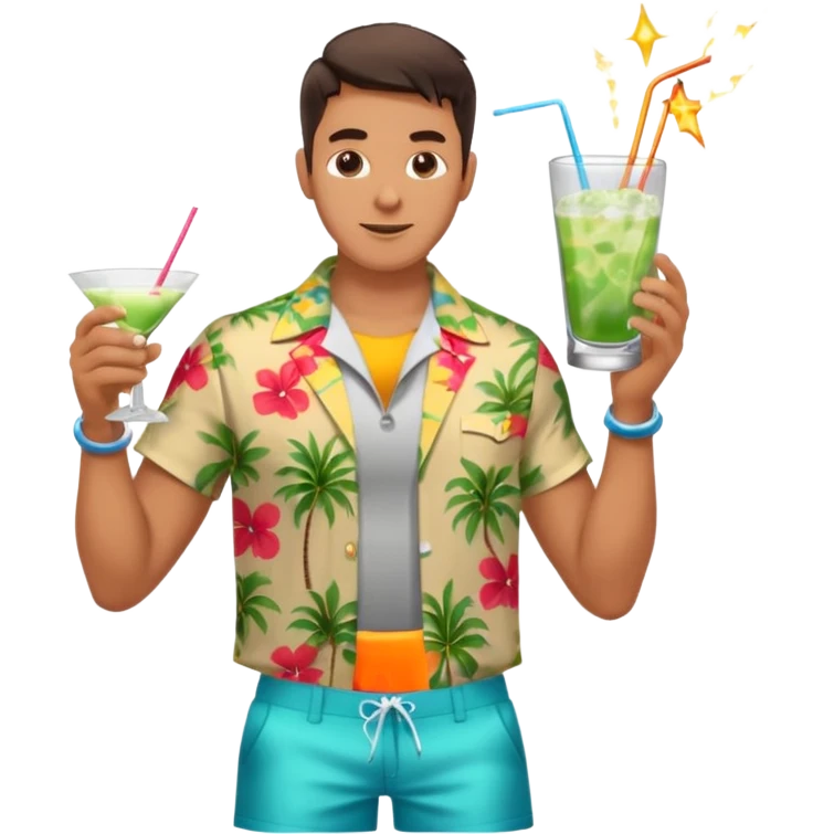 human male Unbuttoned Hawaiian shirt, swim trunks, shaking a cocktail shaker (sparks flying) emoji