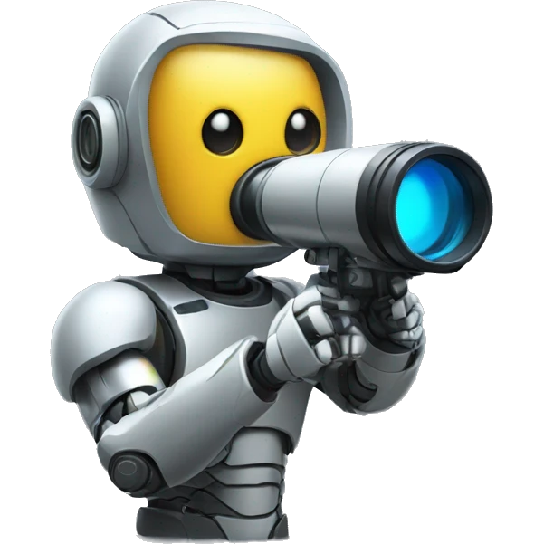 Secret half man half robot agent with a spyglass reviewing multicolor lines of code emoji