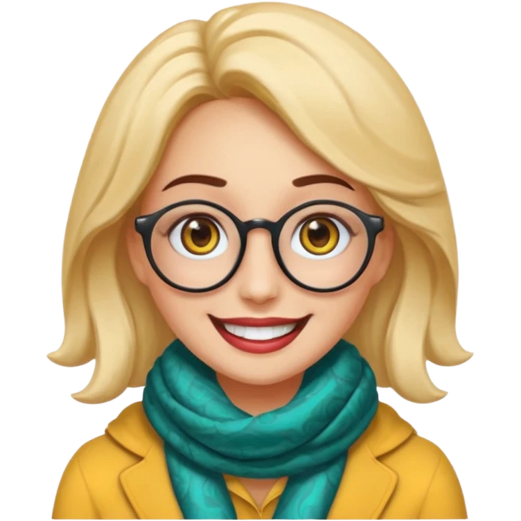 Emoji estilo WhatsApp de una mujer sonriente con rostro ovalado, piel clara, ojos grandes y oscuros, cejas gruesas arqueadas, gafas grandes redondeadas, rizos voluminosos oscuros, bufanda colorida y expresión tierna. Colores limpios, contornos suaves y fondo transparente. emoji