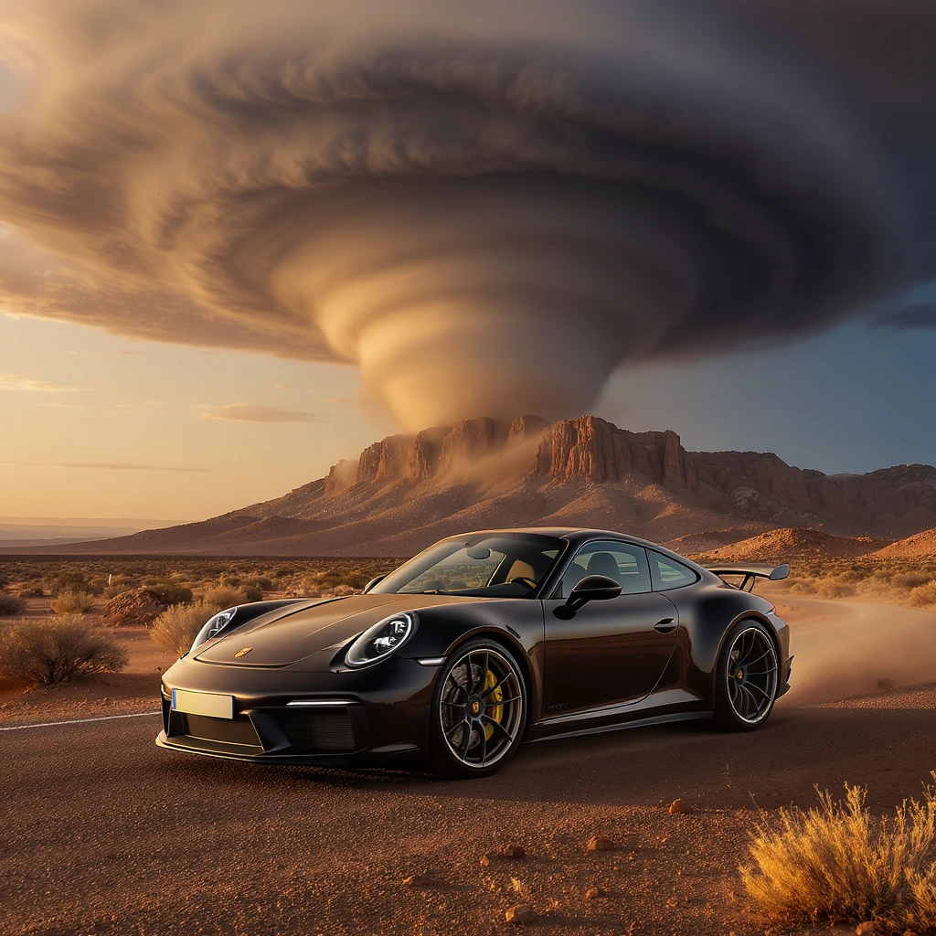 Cinematic still of a A modern desert mountain, wallpaper, modern, porsche 911, sunset, arizona desert, tornado in background emoji