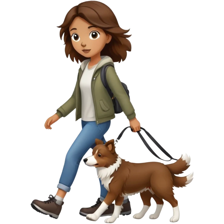 A beautiful brown-haired girl walking a Border Collie emoji