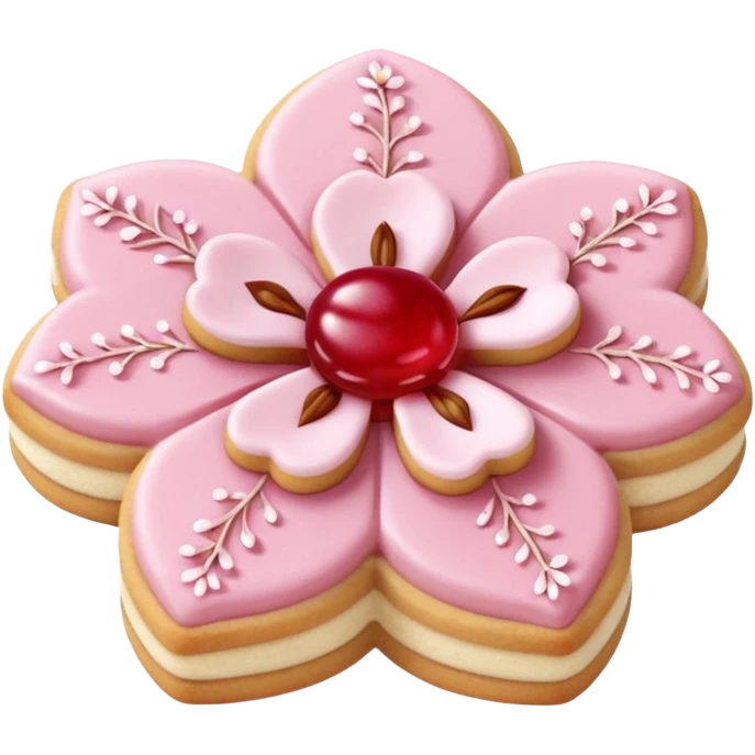 Realistic shortbread cookie in the shape of a cherry blossom with pale pink color jelly middle filling and sprinkled powder sugar on top. emoji