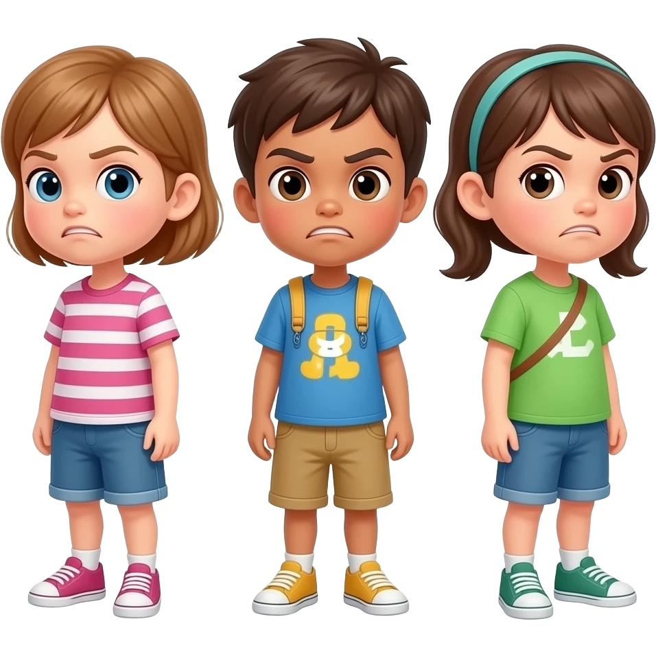 3 niños enfadados. mirando para atras emoji