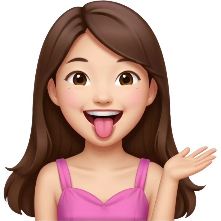 asian girl with long brown hair and fair skin wearing pink dress laughing while sticking tongue out emoji