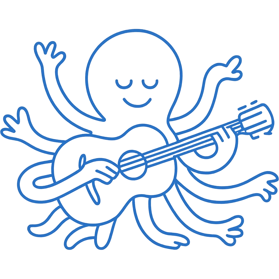 happy octopus with multiple arms playing guitar emoji