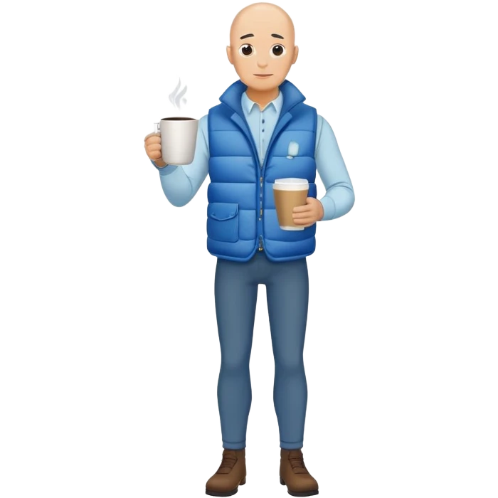 full body bald man wearing long sleeve white shirt with blue puffy winter vest holding a cup of coffee in front of him and nothing in his other hand emoji