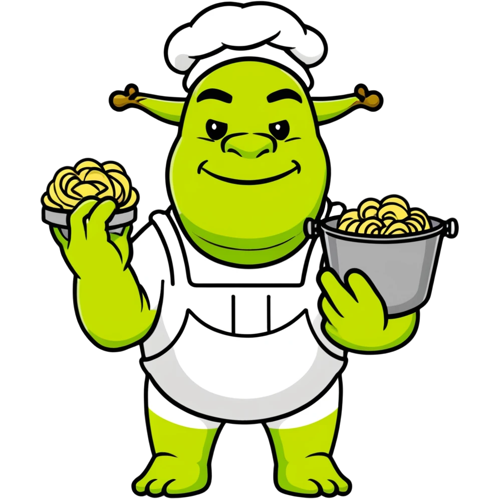 Shrek the green ogre holding a bucket of carbonara pasta emoji