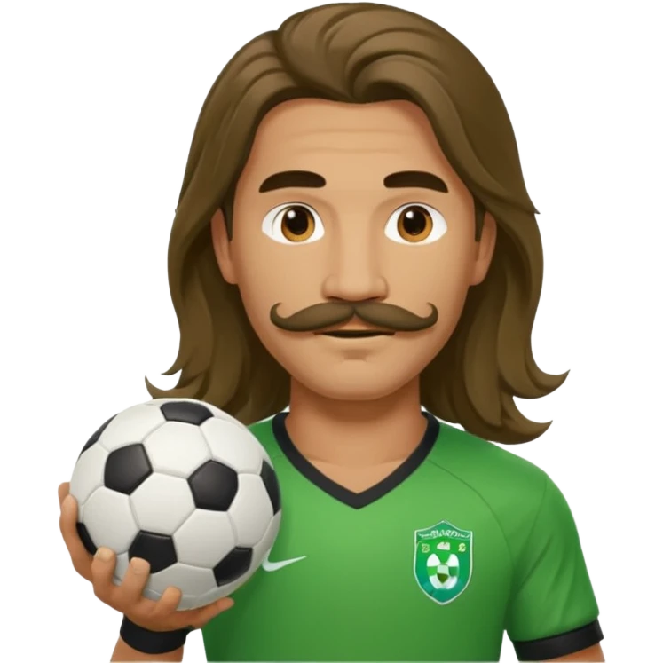 long hair man soccer player green jersey with mustache holding soccer ball emoji