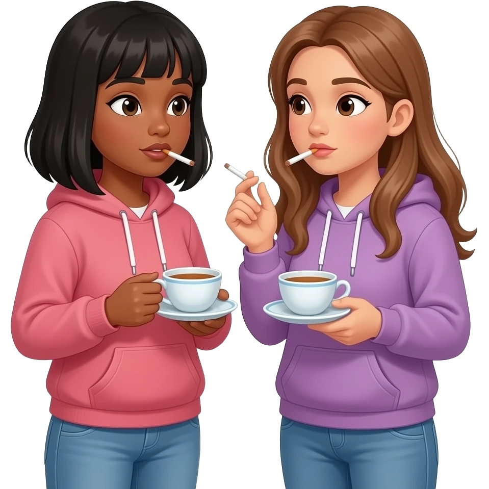 A black girl with bangs and shoulder length hair and a Hispanic girl with long light brown hair gossiping while smoking joints and drinking tea out of tea cups and wearing sweats emoji
