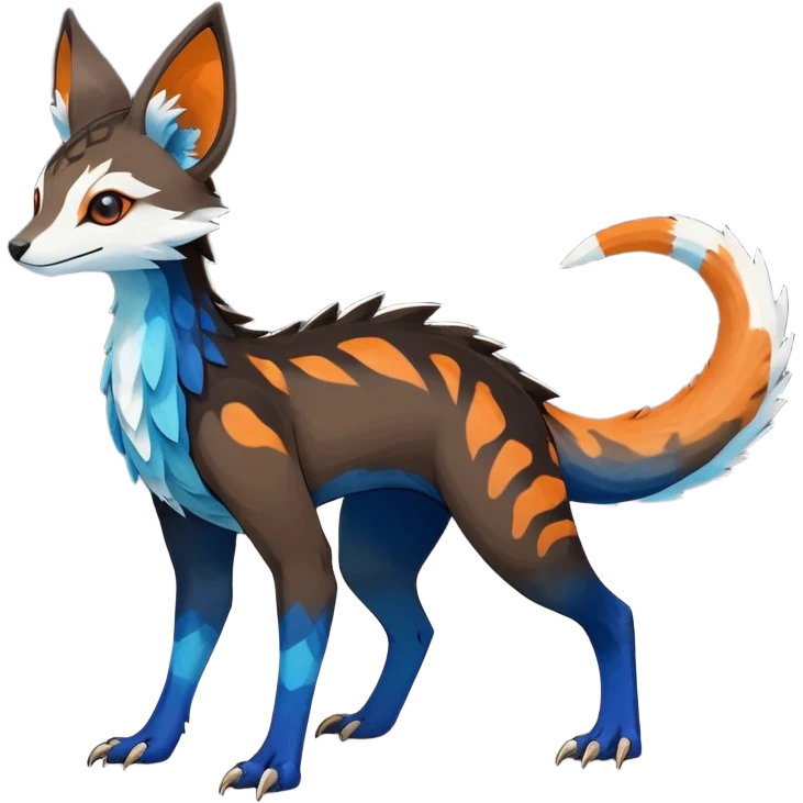 Rare realistic exotic dark-brown light-brown gradients white neon-orange dark-blues cute epic pretty beautiful handsome gorgeous aesthetic colorful vibrant Vernid-Trico-species-Fakemon-creature by LiLaiRa, 4 legs, 1 tail, random markings, (full body) emoji