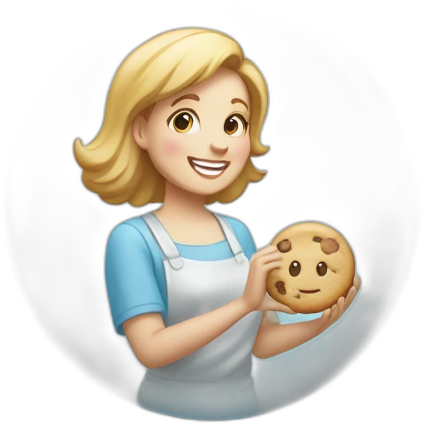 a happy lady holding up a cookie in a clear plastic bag with a light blue circular sticker on it with the text "bliss pastries" emoji
