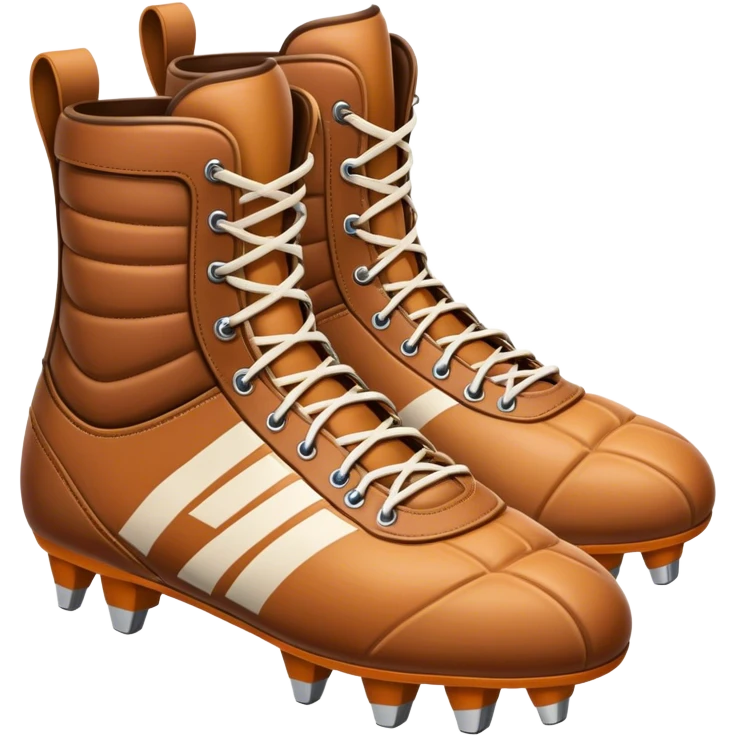 Cinematic Realistic image of a pair of rugby boots, showcasing sturdy leather construction, detailed cleat patterns and textured surfaces, illuminated by vibrant outdoor lighting that captures their athletic purpose emoji