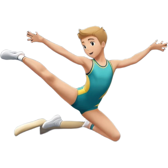 An athletic person soaring high above a trampoline, executing an acrobatic flip with perfect form. The scene captures motion and energy, with a dynamic pose, stretched limbs, and a focused expression. The background suggests a professional trampoline arena with safety padding. emoji