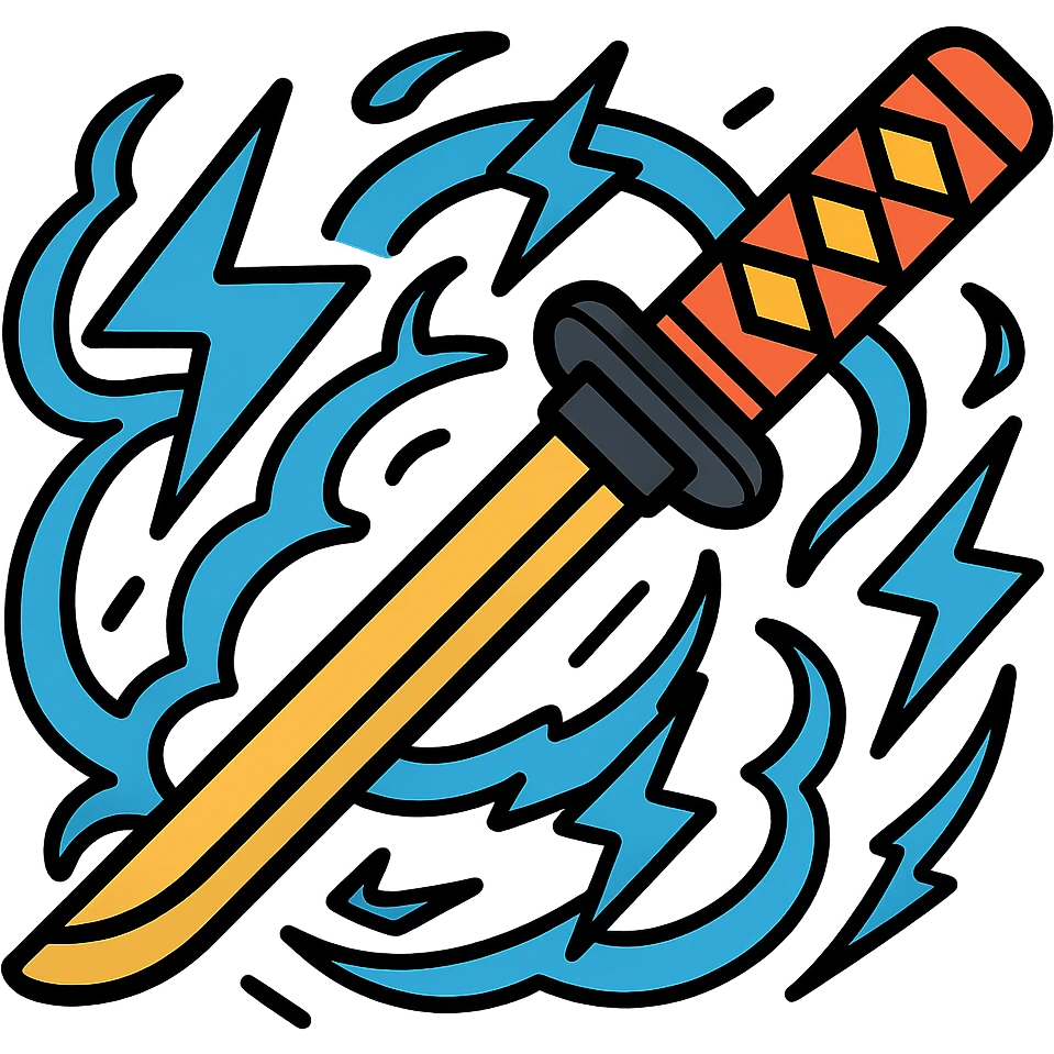 Add swirling blue lightning and electric arcs around the katana, no background, keep icon style consistent with lineal color icon with black outlines. emoji